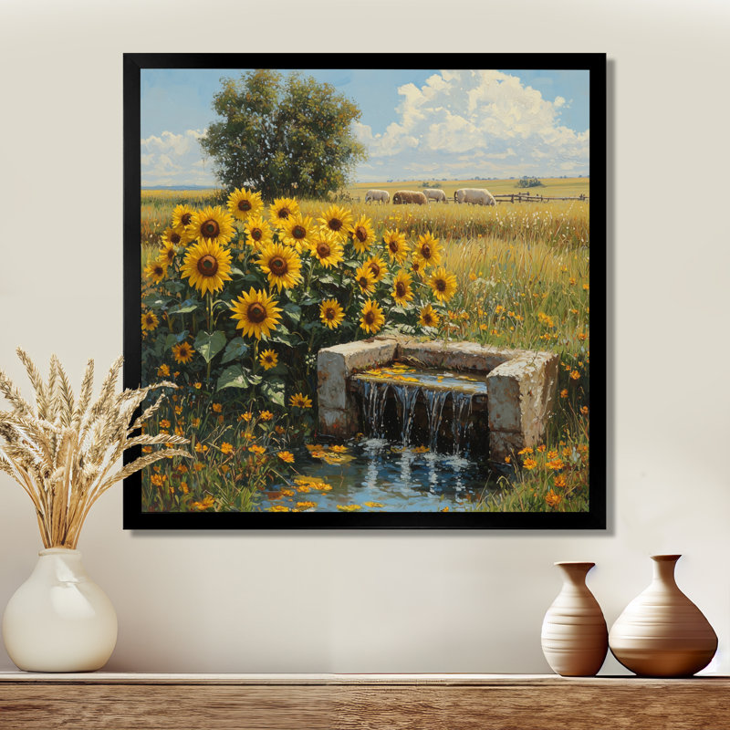Donjay tournesols près de l'eau Trough I - tournesols, art mural, Reproduction encadrée d'une seule photo, H 16 po x l 16 po