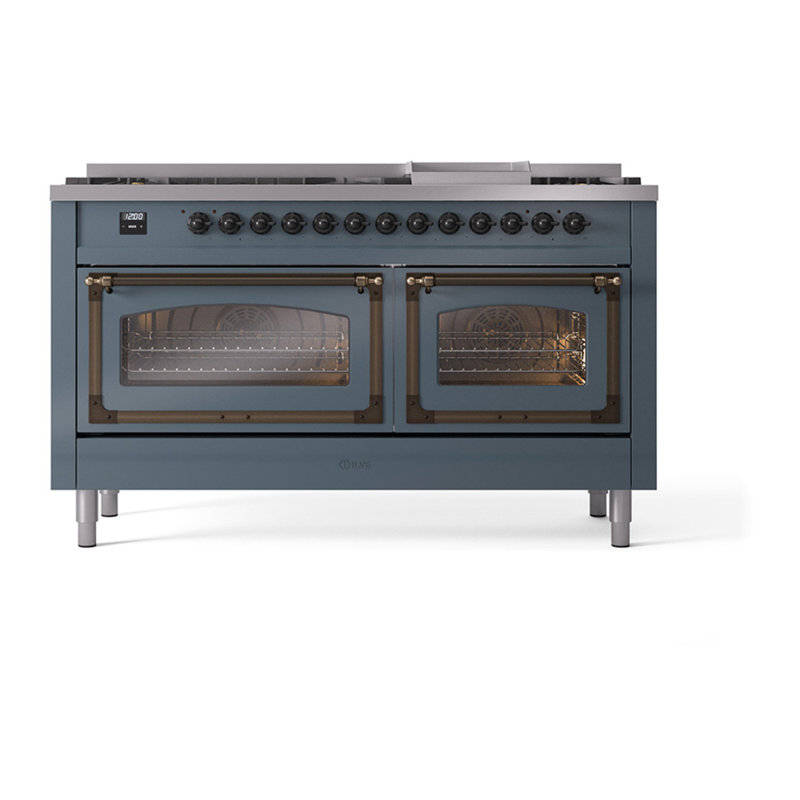 ILVE Nostalgie II Noblesse 60 in Dual Fuel Range, 9 Burner, Griddle, Liquid Propane, Blue Grey/Burnished
