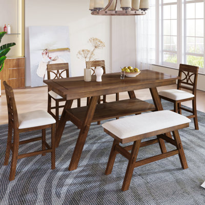 Ensemble de salle à manger Topmax 6 pièces en bois, hauteur du comptoir, avec tablette de rangement, table de cuisine, banc et 4 chaises, style rustique + coussins beiges