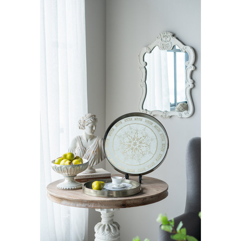 Round Silver Plastic Mirror Trays with Crest Motif - L:D17.5x1.5" S:D14.5x1.5"