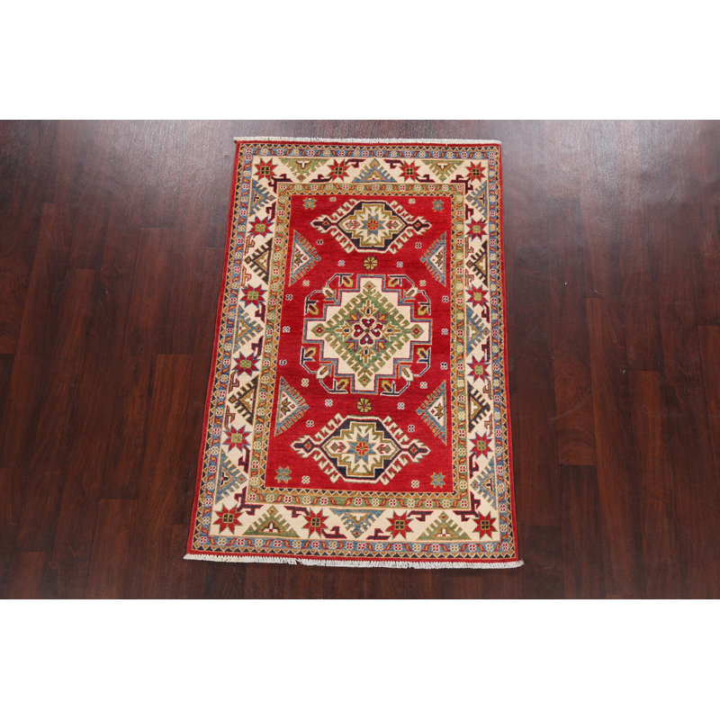 Tapis rouge / beige / vert en laine noué à la main à motif géométrique 3 pi 3 po x 5 pi 1 po