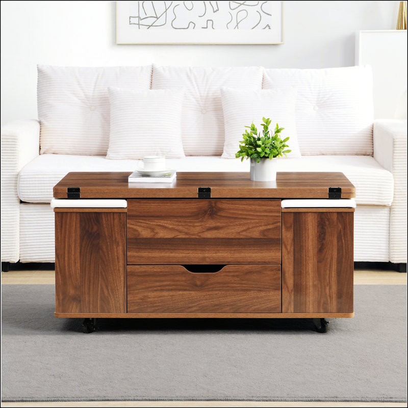 Table basse multifonctionnelle à plateau relevable avec rangement caché et tabourets, Noyer