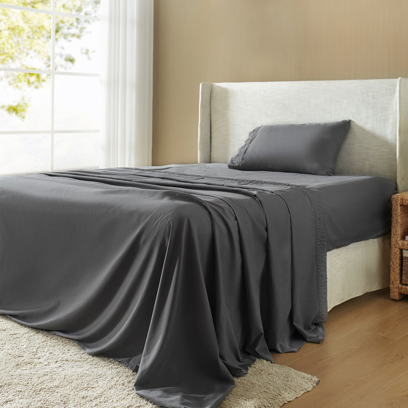 Draps et taies d'oreiller en polyester, Ensemble de draps pour lit simple avec 1 taie d'or, Gris