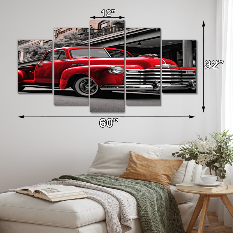 Red Pickup Truck Road Legends II - Décoration murale transport - 5 panneaux