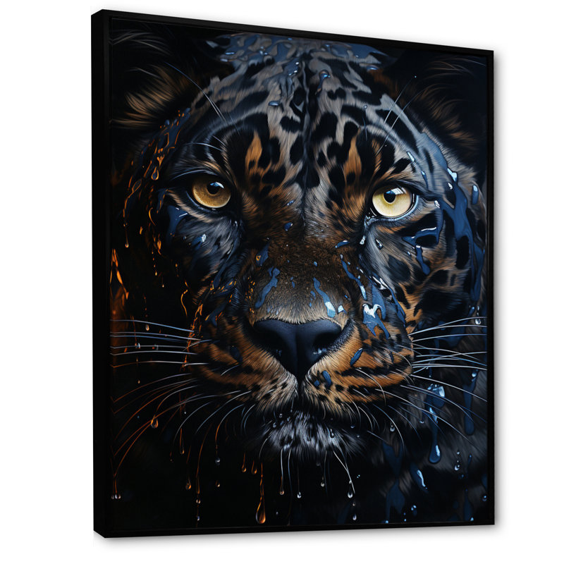 «Teal Yellow Midnight Panther Inky I», reproduction d'art sur toile, H 32 po x l 16 po x P 1 po, Cadre flottant noir