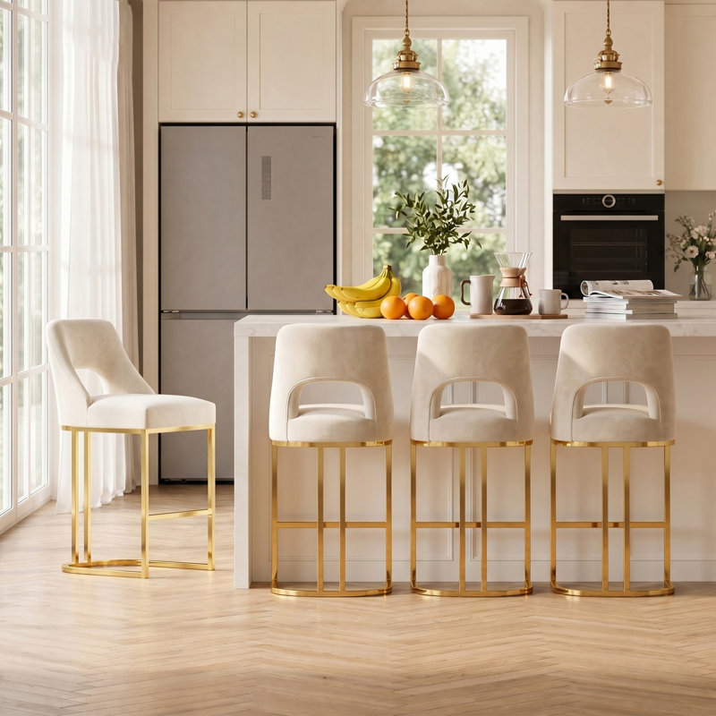 Tabouret de bar moderne à hauteur de comptoir 26,7 po avec structure en métal, White, Gold