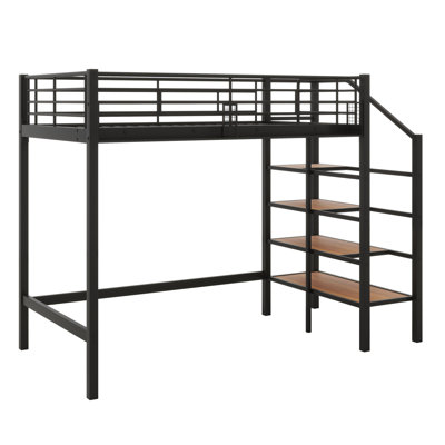 Metal Loft Bed With Upper Grid Storage Shelf And Lateral Storage Ladder