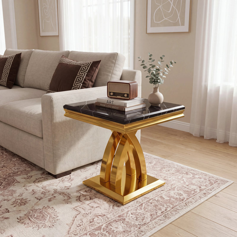 Table de bout noire et dorée avec base polie en forme de X