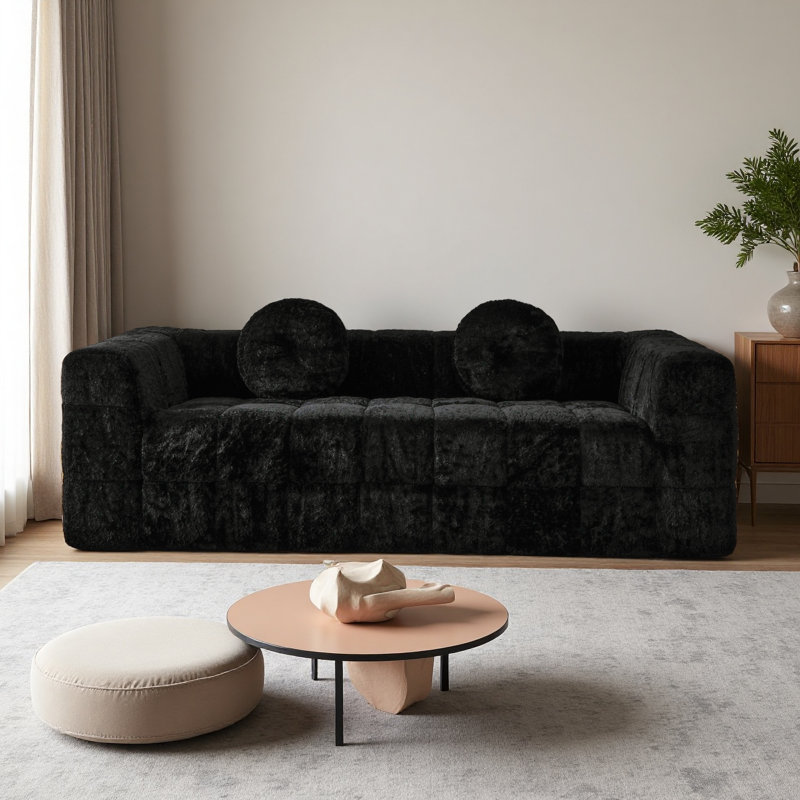 Canapé moderne de 84,6 pouces sans os avec deux coussins décoratifs circulaires, tissu en polyester à poils longs texturé litchi doux pour la peau et canapé en mousse à carreaux à trois places