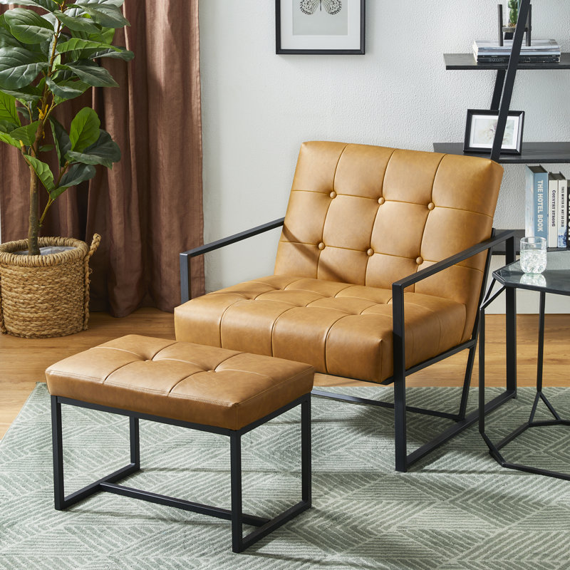 Buren Faux Leather Armchair with Ottoman, Brown Faux Leather
