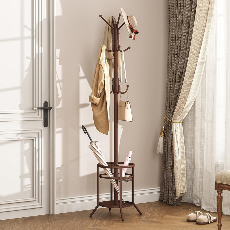 Coat Rack Freestanding, Metal Coat Rack Stand With Umbrella Holder, Modern Coat Tree With 12 Hooks, Floor Standing Corner Hall Tree For Entryway Living Room Bedroom Office