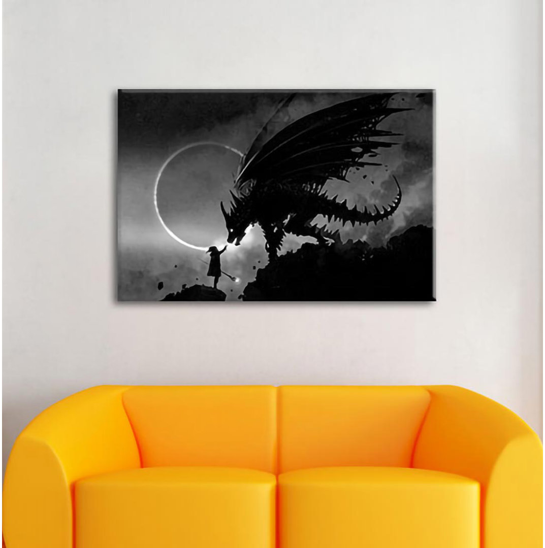 Zauberer und Drache in Sonnenfinsternis, Monochrom-Leinwandkunst