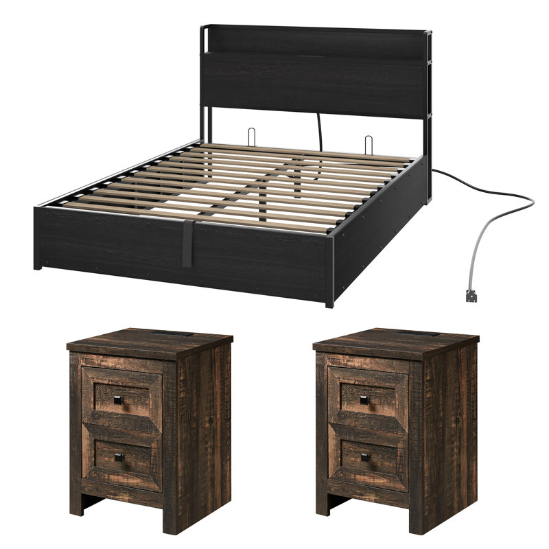 Tryston 3-pieces Rustic & Farmhouse Full Bedroom Set, Black, Black, Full / Double