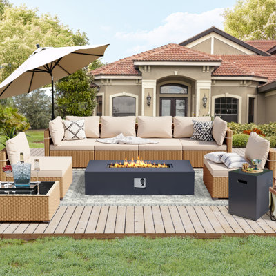 9-Piece Outdoor Rattan Seating Set with Cushions,a 56" Dark Grey Rectangle Fire Pit Table and a Tank Cover
