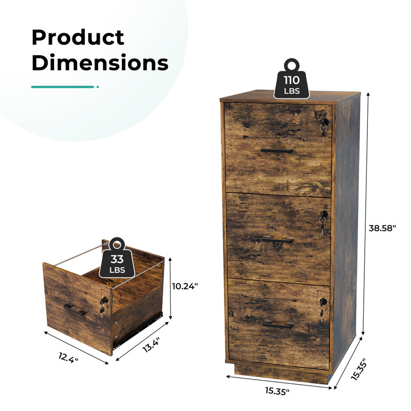 Wooden 3 Drawers File Cabinet With Lock 38.58"H, Brown