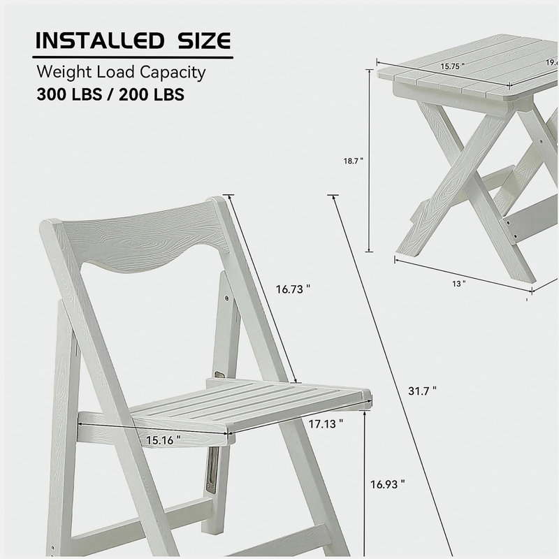 HIPS Foldable Small Table and Chair Set with 2 Chairs and Rectangular Table  White