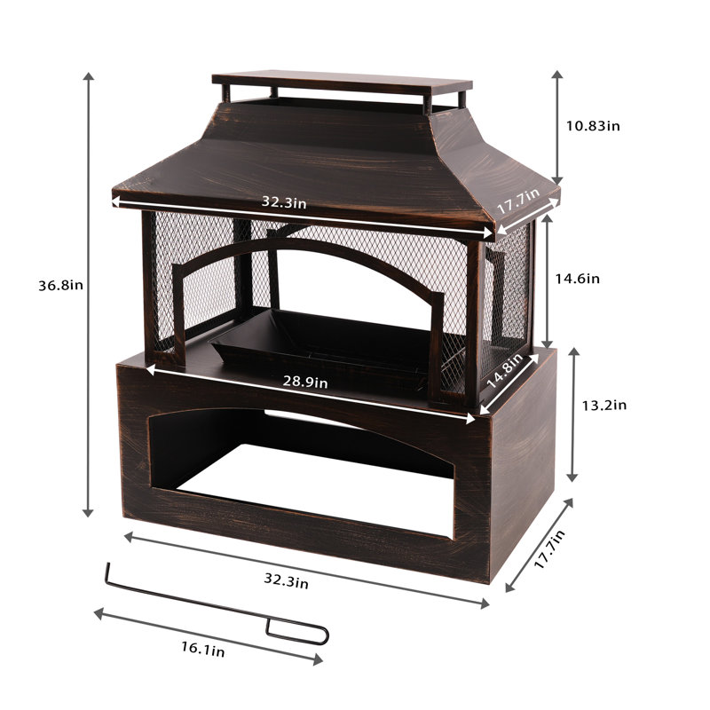 37 Inch Rectangular Outdoor Fireplace Steel Wood Burning Fireplace With Log Storage Compartment And Poker