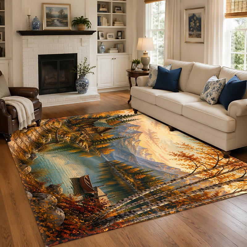 Tapis imprimé paysage pittoresque (1 pièce) - Décoration artistique chalet d'automne et lac, lavable, surface fine avec envers antidérapant, idéal pour le salon, la chambre à coucher, la cuisine et le bureau.