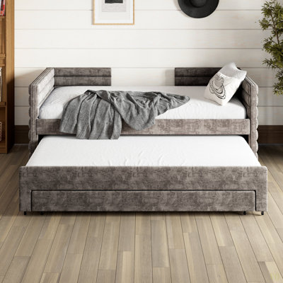 Lit de jour simple rembourré avec lit gigogne et 3 tiroirs de rangement, canapé-lit en lin à poil court pour chambre d'amis, salon, structure de lit de jour moderne peu encombrante, aucun sommier nécessaire