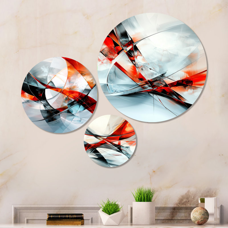 Combat cubique rouge et blanc fractal - ensemble d'art mural géométrique en métal 3 pièces