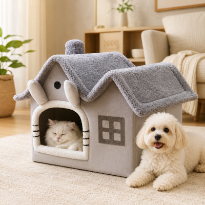 Dual-Roof Enclosed Pet House Bed, Thick Warm Winter Cave Hut with Removable Washable Cover, All-Season Insulated Cozy Pet Shelter for Small Cats & Dogs, Anti-Cold Foldable Plush Pet Cottage Nest