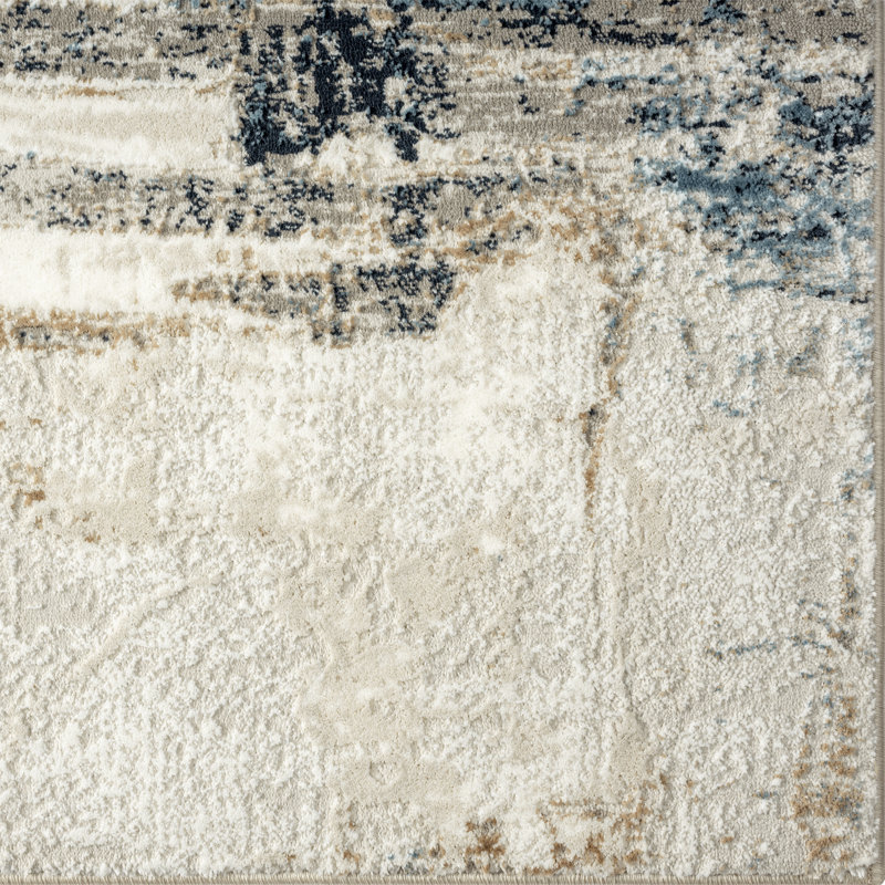Tapis abstrait bleu / blanc, Rectangle 5 pi 2 po x 7 pi 2 po