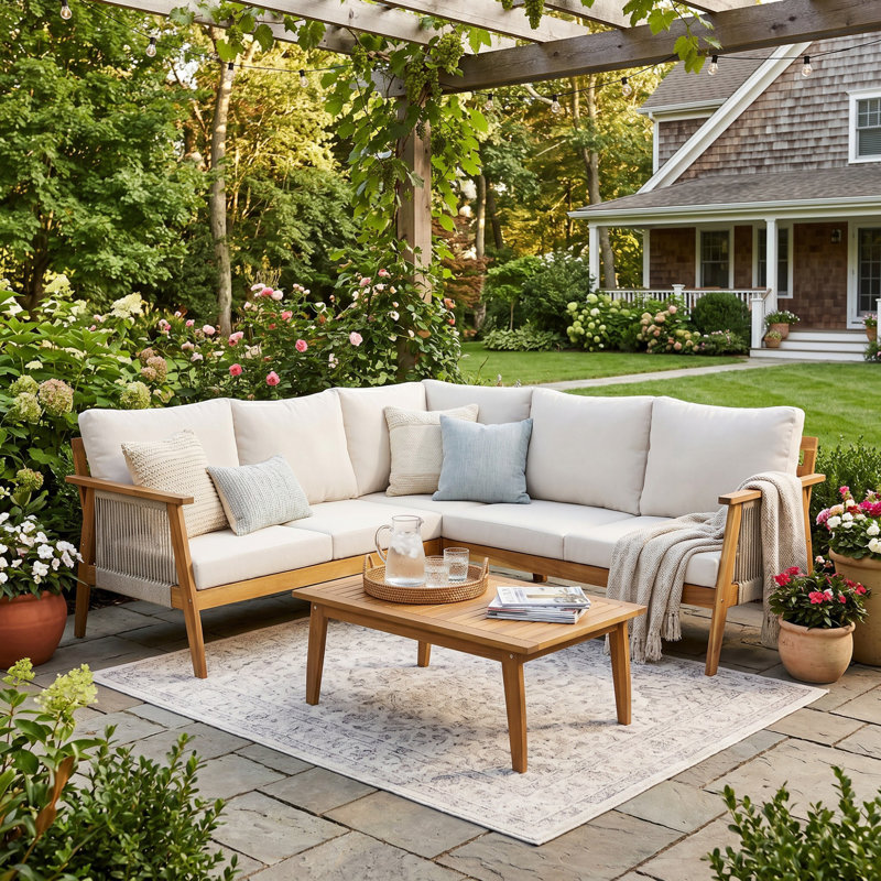 Ensemble de conversation d'extérieur en bois d'acacia et corde modulaire 4 pièces, canapé modulaire en L avec table basse pour bord de piscine et terrasse