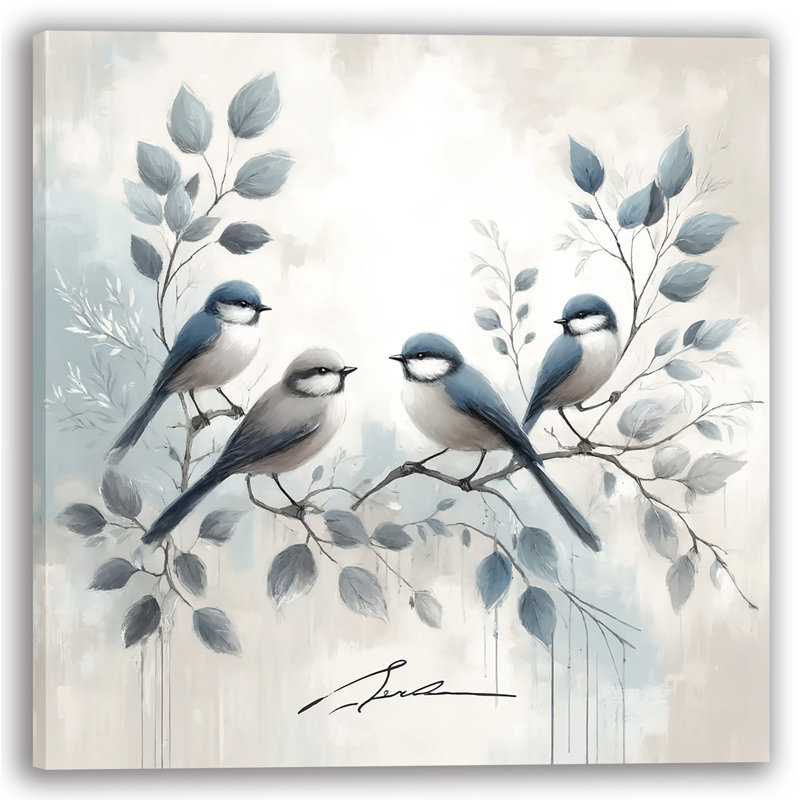 Blue Birds on Branches with Subtle Botanical Accents Wrapped Canvas Wall Art, 12" H x 12" W x 1" D