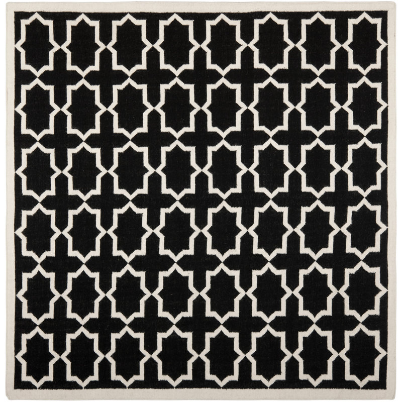 Rodgers Hand Woven Flat Weave Wool/Cotton Geometric Rug in White/Black, Round 8'
