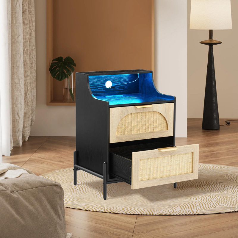 RGB LED Nightstand with Outlets & USB - Adjustable Color Lighting Bedside Table,Rattan Side Table with 2 Drawers Storage