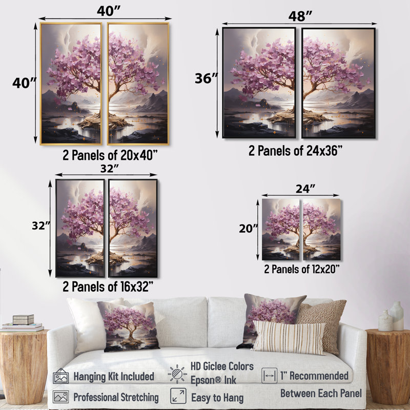 Arbre de fleurs de cerisier mauve au bord du lac I - art mural sur toile mauve 2 pièces, H 40 po x l 40 po, Noir