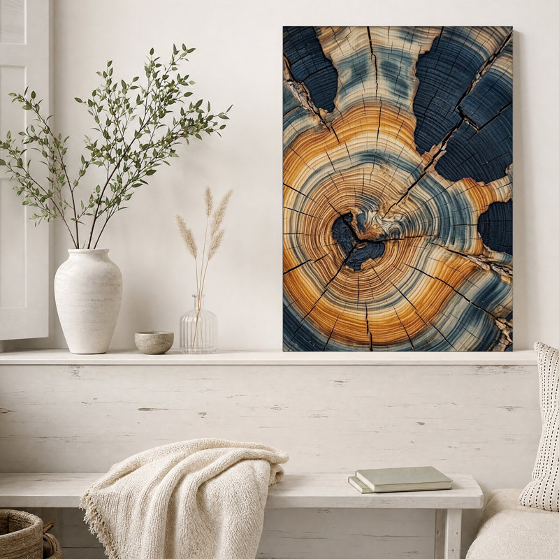 Tableau sur toile avec anneaux de bois carbonisé bleu foncé et orange, H 24 po x l 16 po