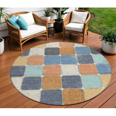 Tapis d'intérieur rond lavable géométrique 8 pi bleu rouille et denim
