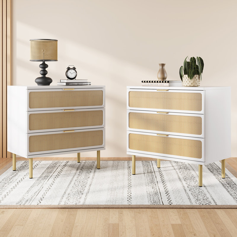Concezia 31.5" W Rattan Boho 3 Storage Drawer Dresser 