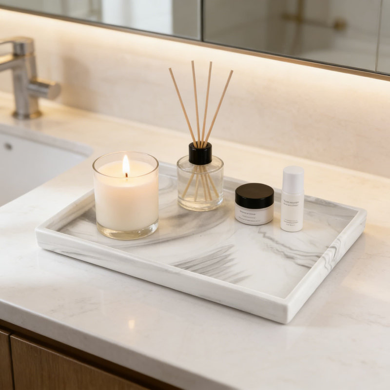 Grand plateau et organisateur de meuble-lavabo en céramique avec base antidérapante, motif de marbre décoratif pour les comptoirs de salle de bain, de chambre à coucher et de cuisine