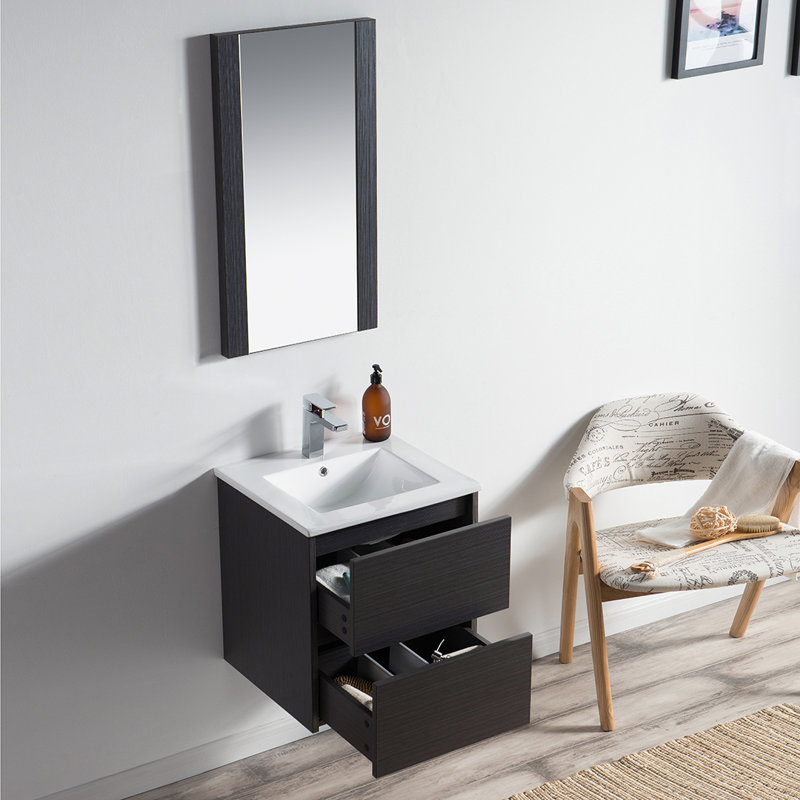 Meuble-lavabo simple 20 po avec lavabo en céramique et miroir, Gris argenté