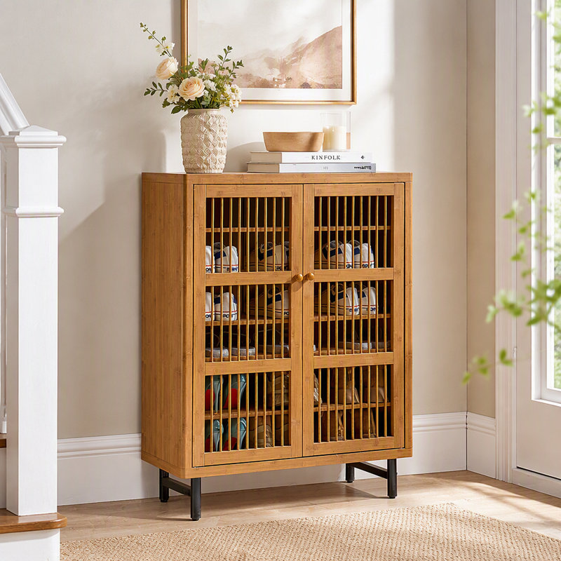 Armoire décorative en bois, armoire à chaussures avec portes à volets, armoire à chaussures à 6 niveaux avec tablettes réglables