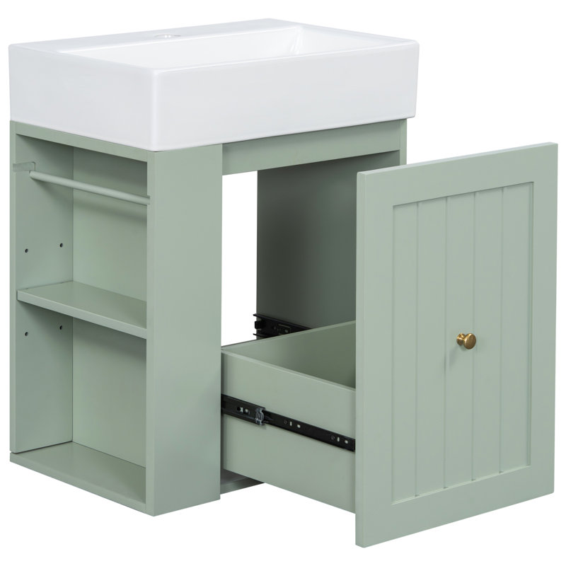 Meuble-lavabo mural avec lavabo en céramique et armoire de rangement avec tiroir et tablette latérale, Vert