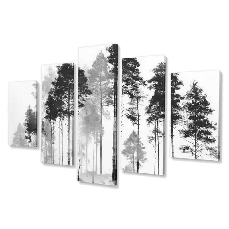 «Black and White Tall Pine Tree Forest», art sur toile, art mural nature 5 pièces