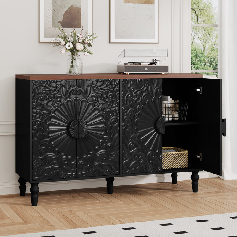 Buffet de 46,5 po de largeur à 4 portes avec plateau en bois à motif floral rétro et noir, noir, Black