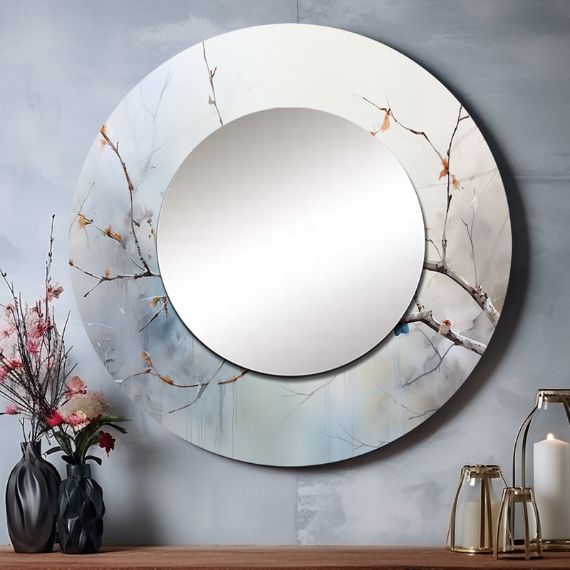 Birds On The Brink II - oiseau, miroir mural unique, miroir rond bleu, 23 po x 23 po