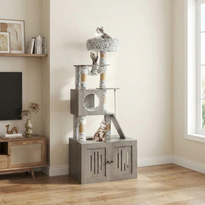 Spacious Multi-Level Cat Tree Tower with Enclosed Litter Box – Large Condo, Hammock, Washable Cushions, Scratching Posts, Cat Cave, Food Station, Storage – Indoor Cat Furniture, Gray ND