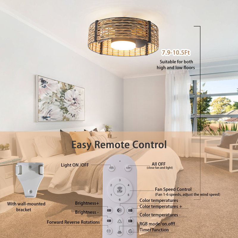 Ventilateur de plafond à DEL en bambou de 20 po avec lumière et télécommande Aquila, Bois naturel