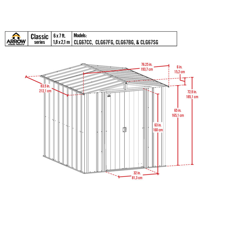  Arrow Classic Steel Storage Shed, Blue, 6 ft. W x 7 ft. D