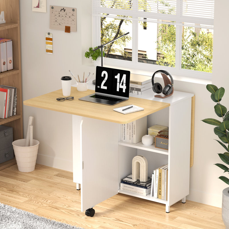 Folding Dining Table With Drawers and Cabinets, Natural