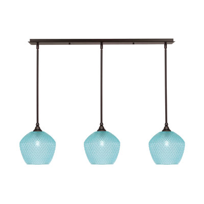 3 Light Stem Hung Linear Pendalier With 9" Turquoise Textured Glass