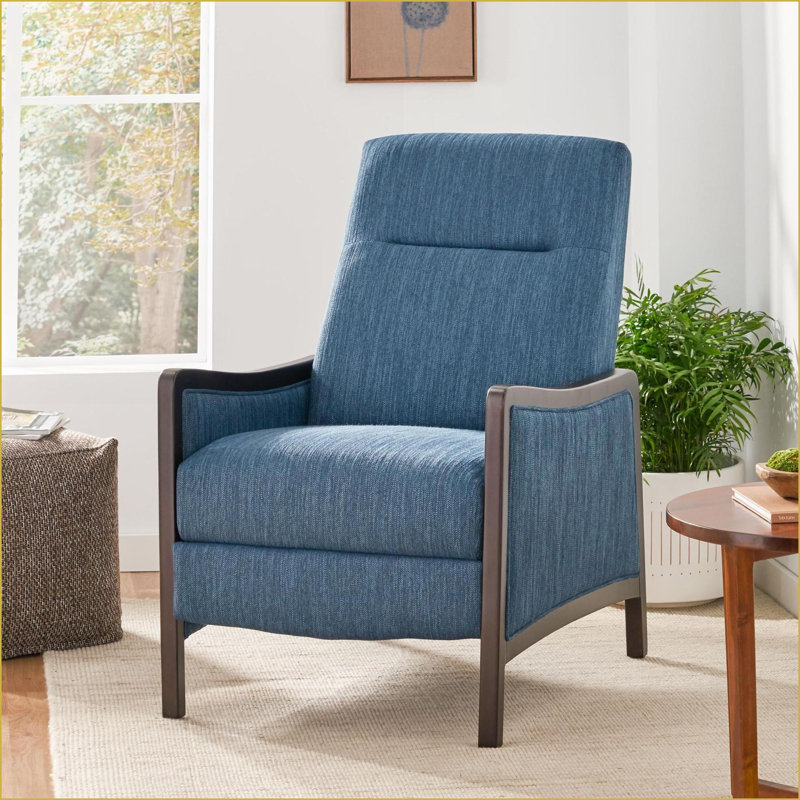 Fauteuil inclinable inclinable en tissu Mid-Century moderne avec coussin plus épais, pieds en bouleau | Bleu marine