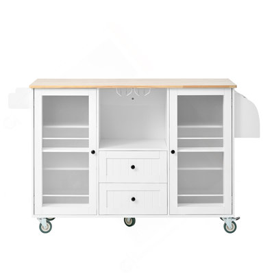 Mobile Kitchen Island Storage Trolley Cart On Wheels With Dropleaf Top, Towel/Spice Rack,2 Drawers, 2-Door Cabinet, White