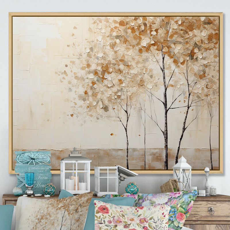 Harmonisation des arbres beiges IV sur toile, Cadre naturel flottant, H 34 po x l 44 po x P 1,5 po