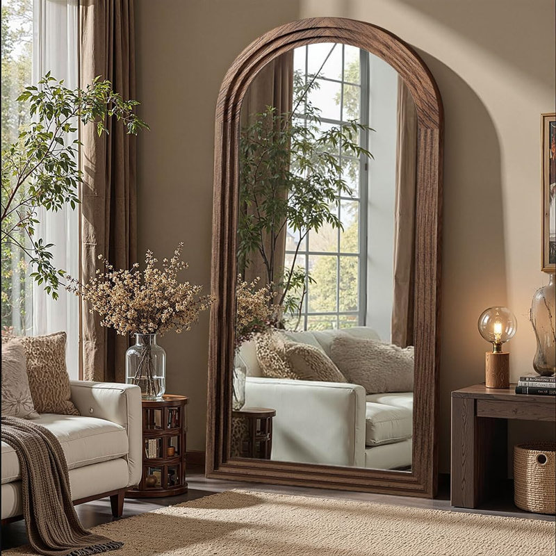 Miroir sur pied arqué en bois naturel, 55 x 24 pouces, Tan